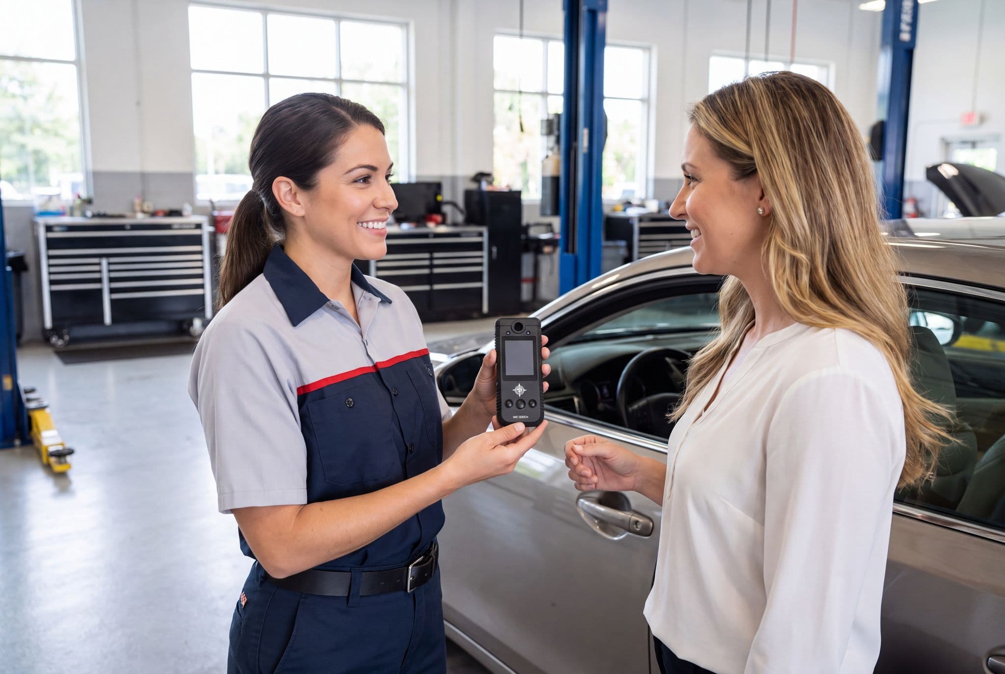 Technician handing an ignition interlock device to a customer by her car