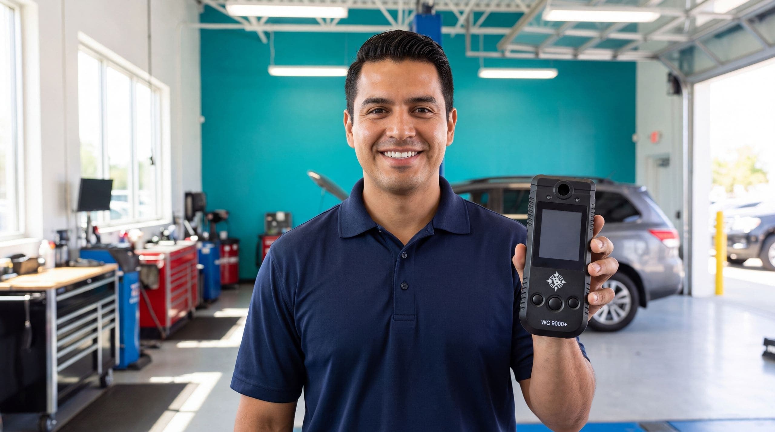 Smiling technician holding an ignition interlock handset on a teal background