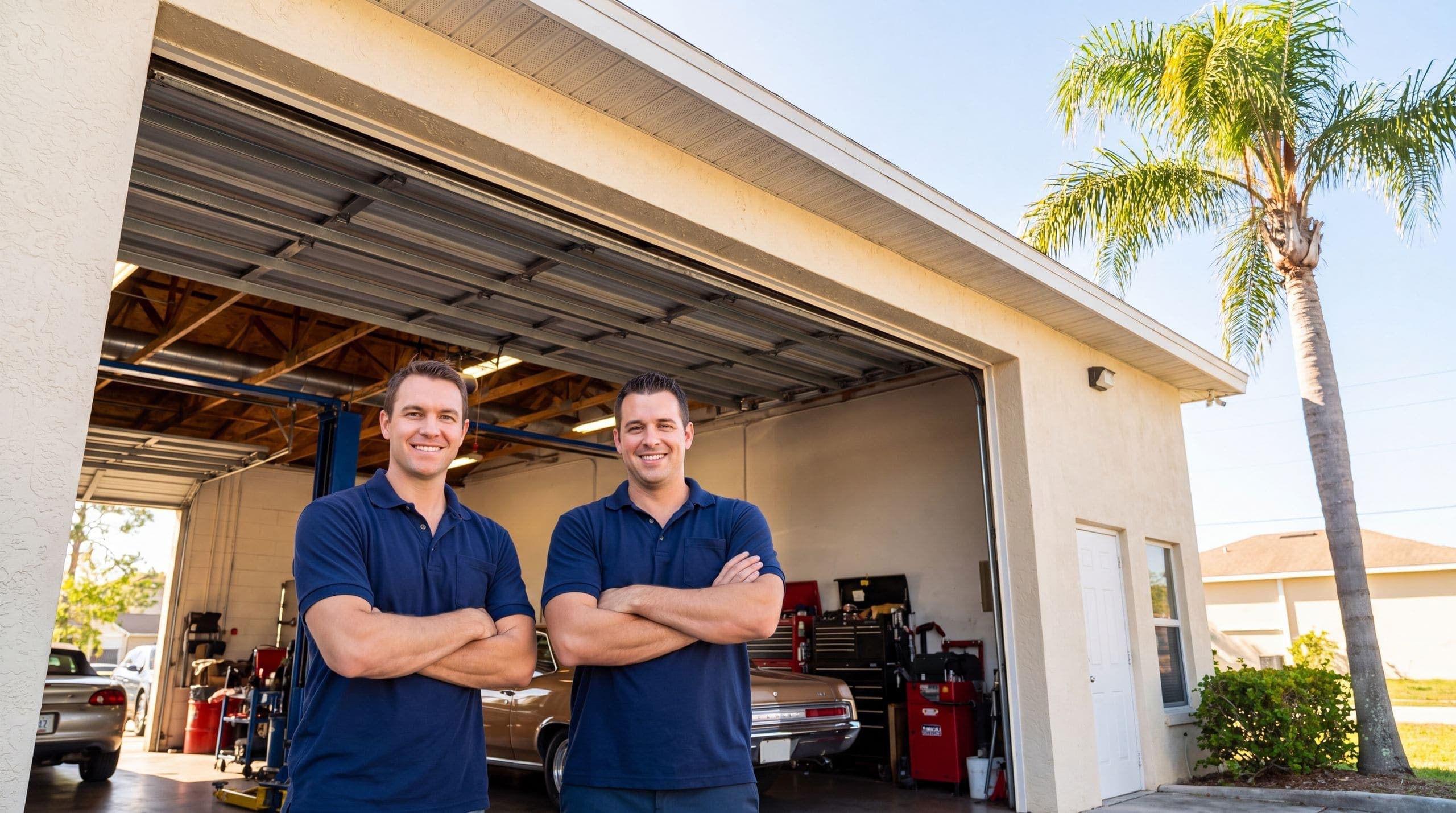 Two technicians standing in the open bay door of their Florida auto service shop