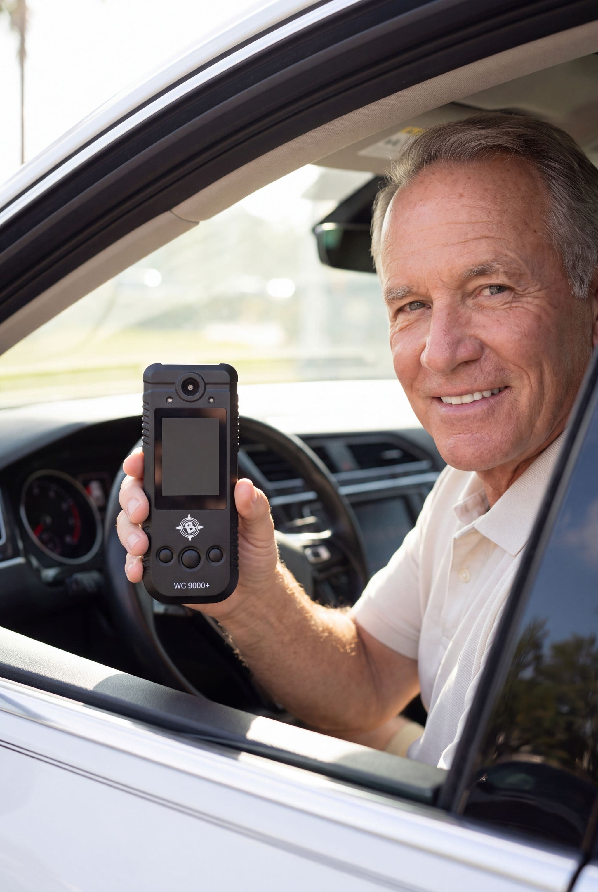 Driver in his car holding the WC 9000+ ignition interlock handset