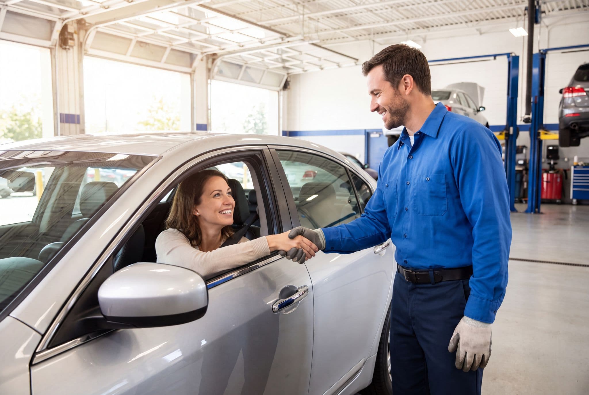Technician shaking hands with a customer at a service center