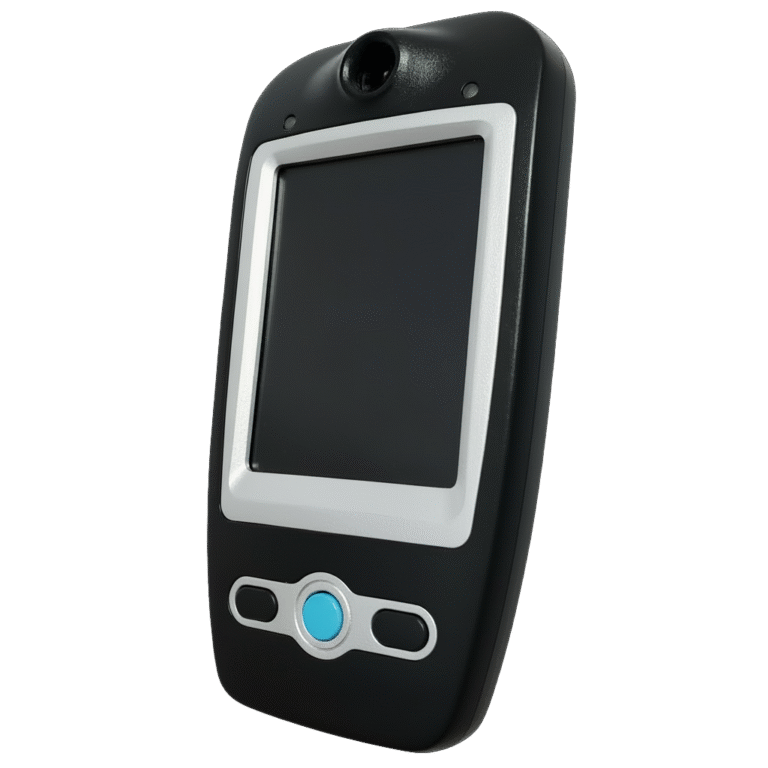 Close-up of a BDI 747 ignition interlock device showing bright digital display and intuitive three-button controls on a transparent background.