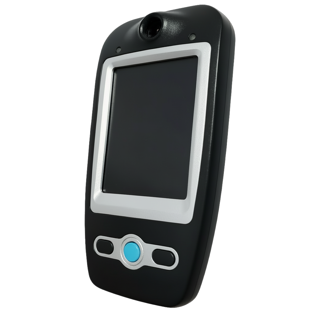 Close-up of a BDI 747 ignition interlock device showing bright digital display and intuitive three-button controls on a transparent background.