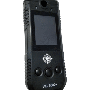 Close-up of a WC9000+ ignition interlock device showing screen, buttons, and logo on a white background.