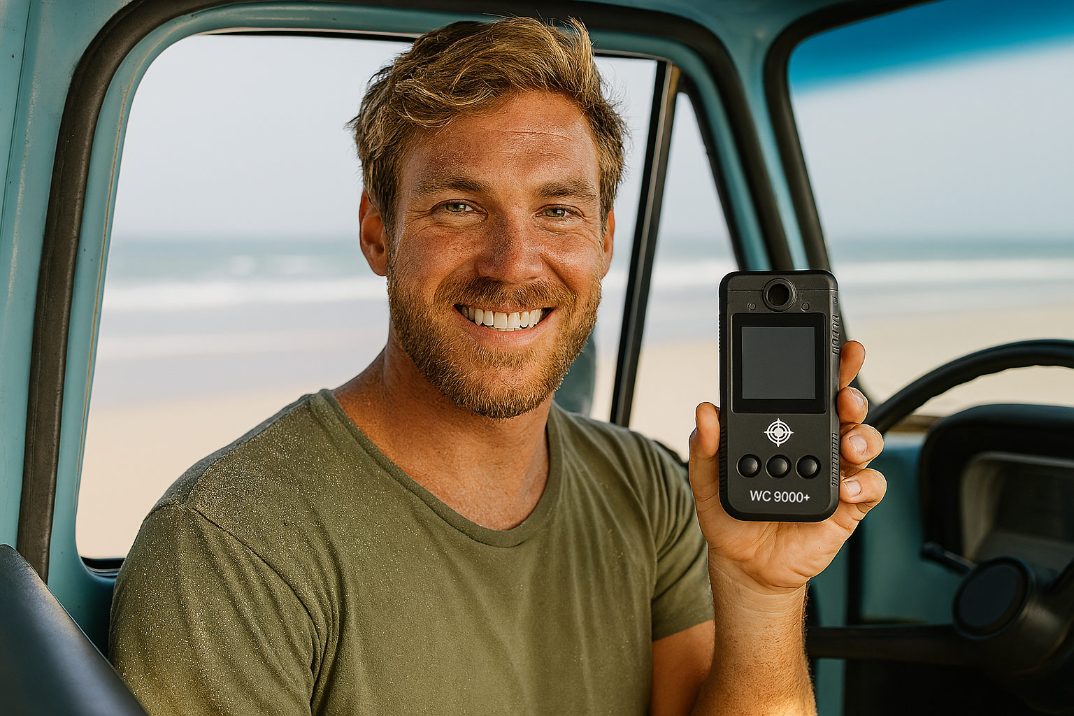 Smiling man sitting in a blue vehicle near the beach holding a WC9000+ ignition interlock device.