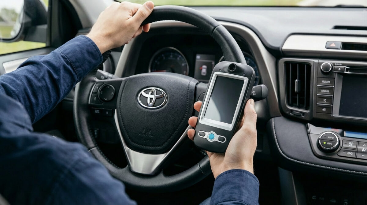 Man sitting in car holding BDI 747 ignition interlock device getting ready to drive