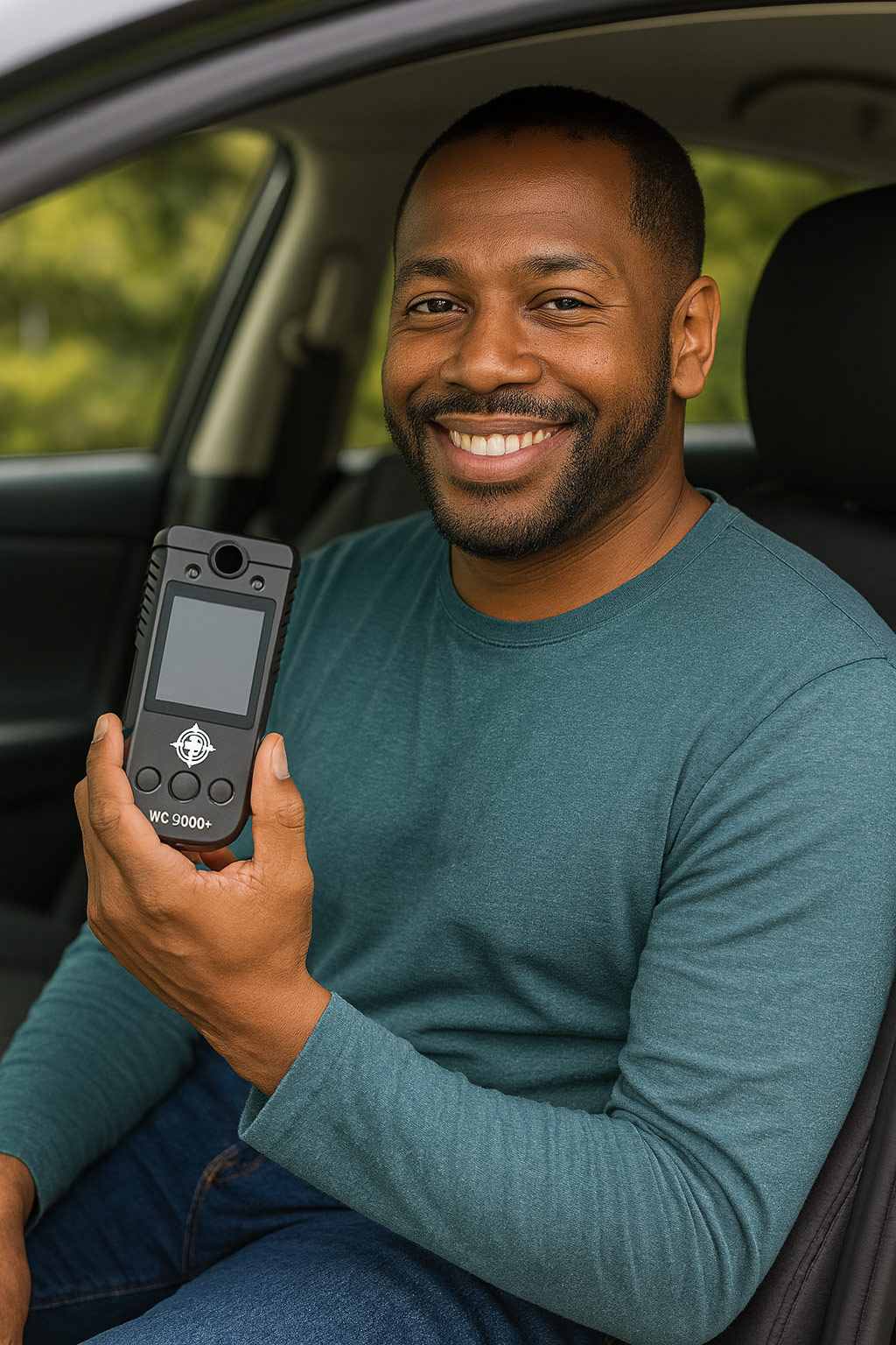 Smiling man sitting in a car holding a WC9000+ ignition interlock device in natural daylight.