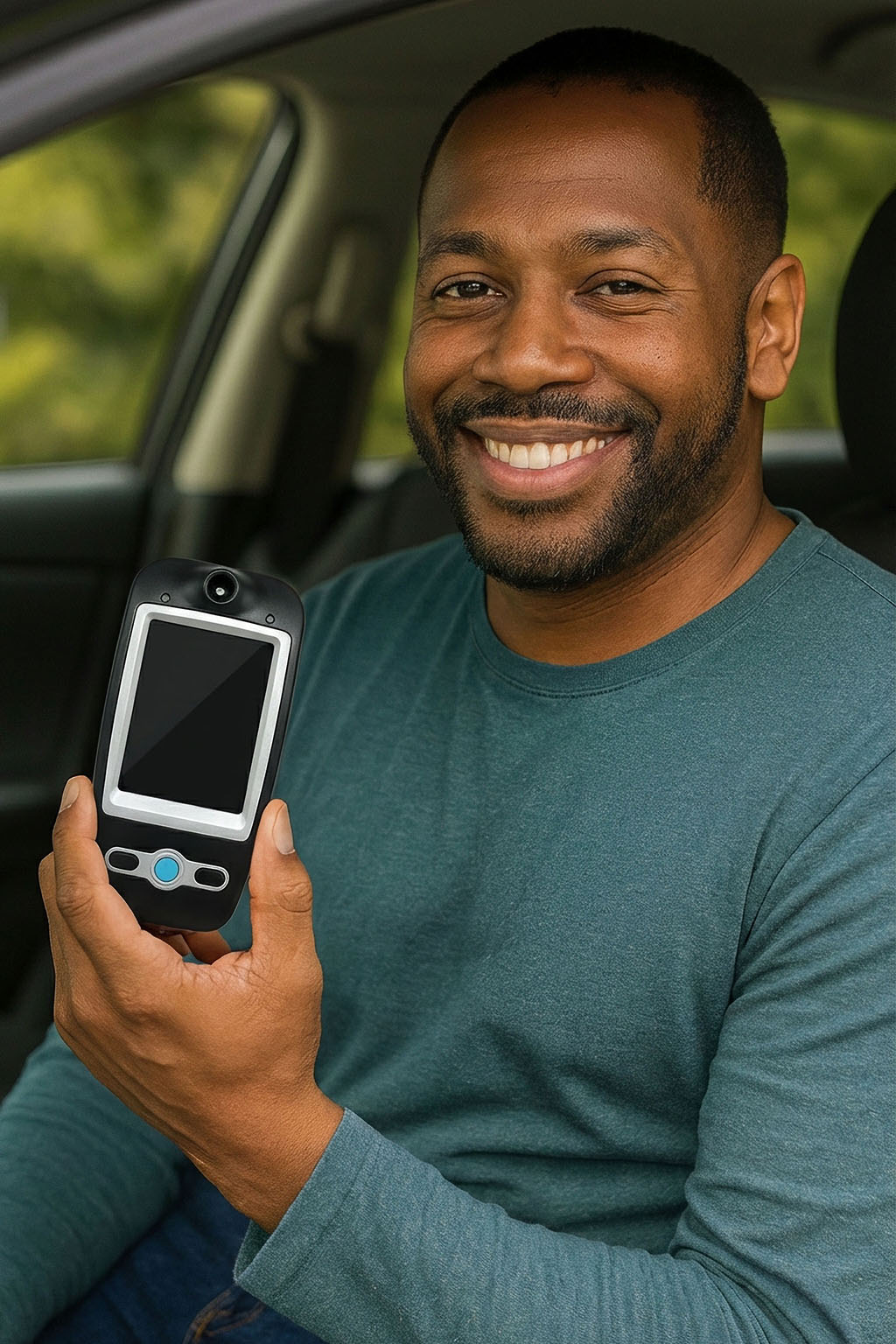 Smiling man sitting in a car holding a BDI 747 ignition interlock device in natural daylight.