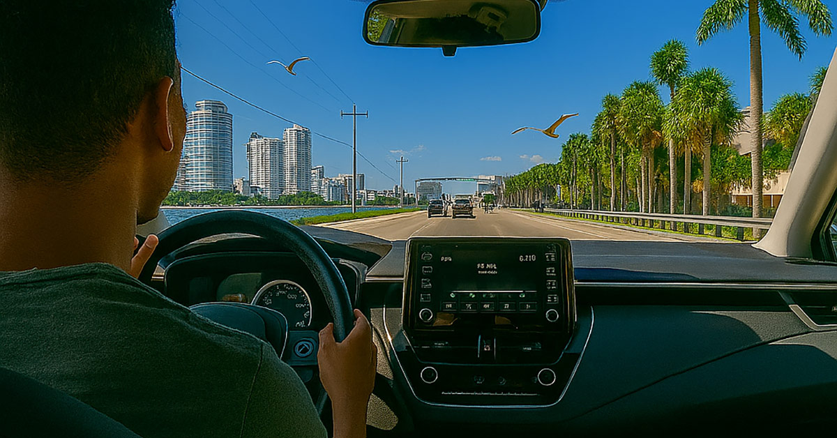 View from inside a car driving near Miami with palm trees, blue sky, and seagulls above the road.