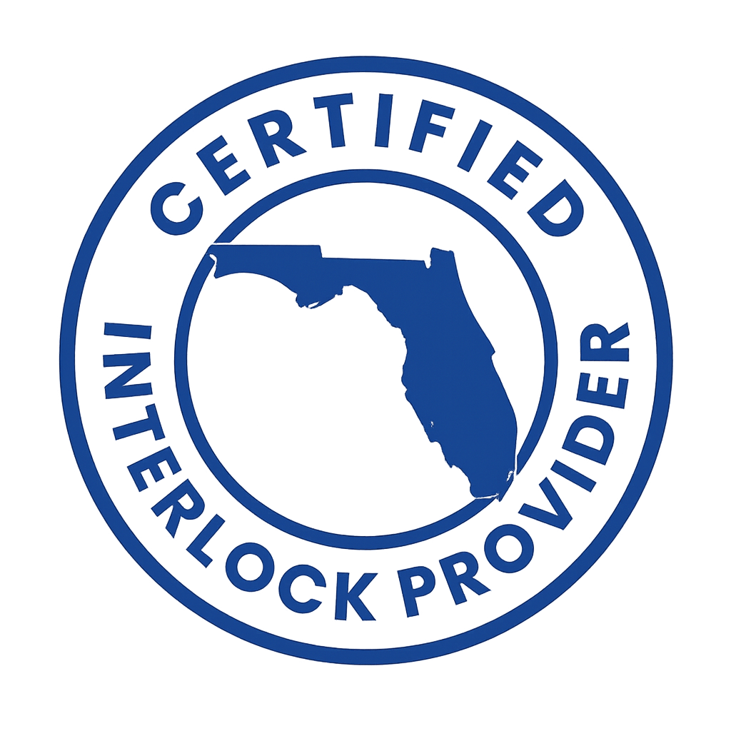 Blue circular emblem with the outline of Florida and the words “Certified Interlock Provider.”