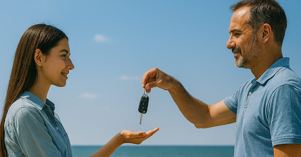 Man handing car keys to a smiling young woman outdoors with the Florida ocean in the background.