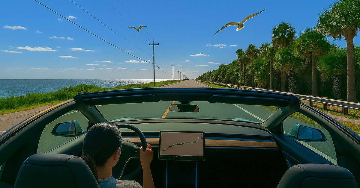 Driver in a convertible car on a sunny Florida coastal road with palm trees and ocean views.