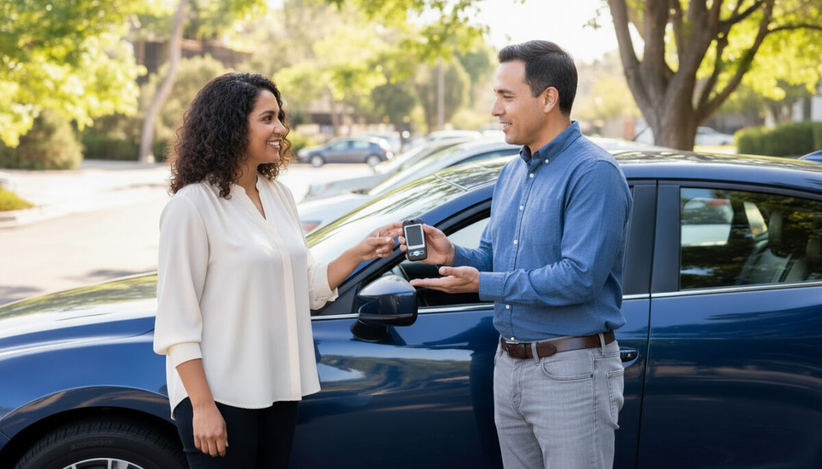 Technician training woman to use BDI 747 ignition interlock device near her home and in front of her blue car