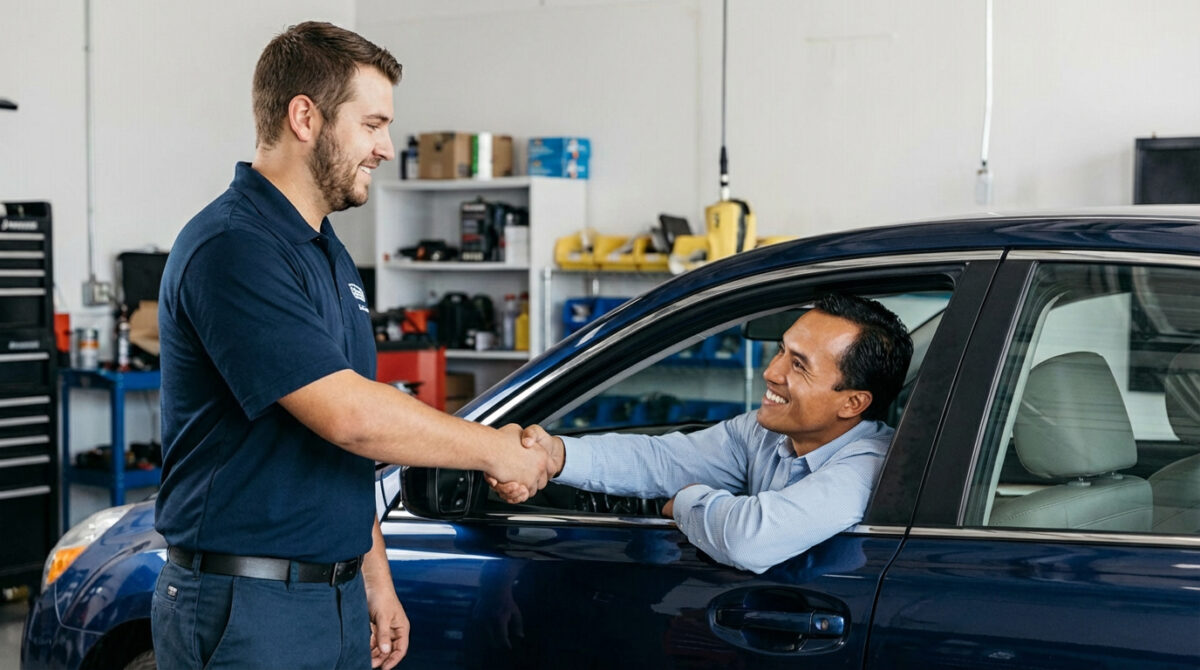 Technician congratulating driver on completing his ignition interlock program. The driver is seated in his blue car in a tidy clean automotive shop