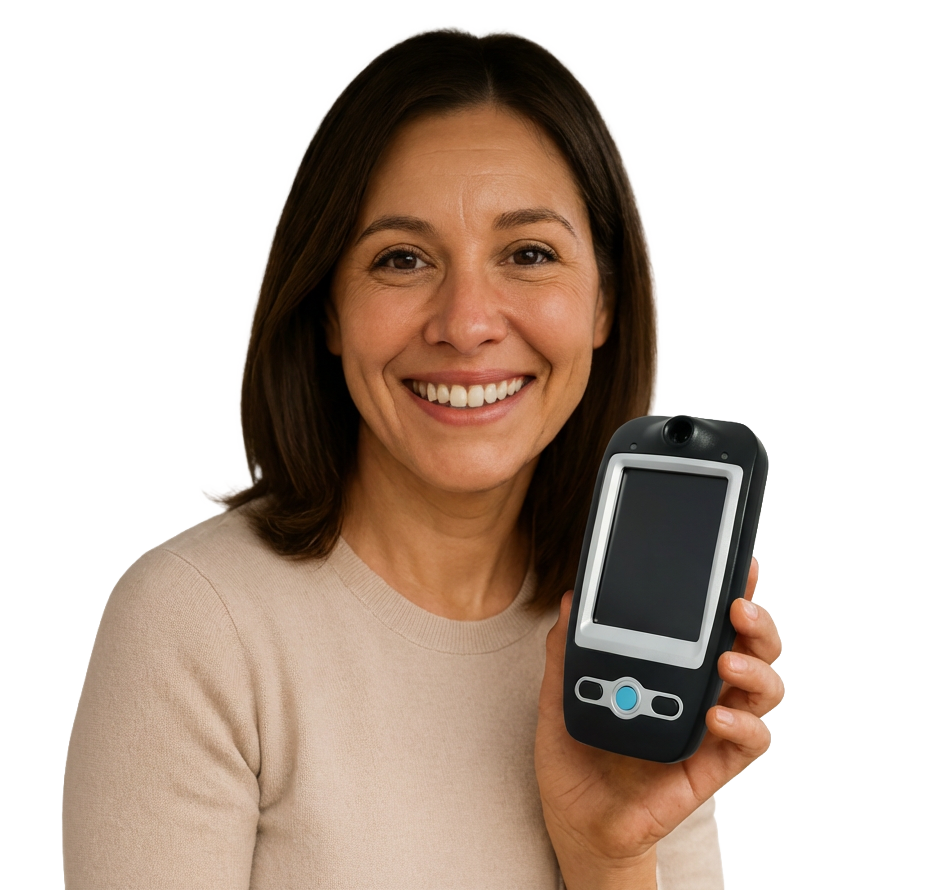 Smiling woman in beige sweater holding a BDI 747 ignition interlock device against a transparent background.