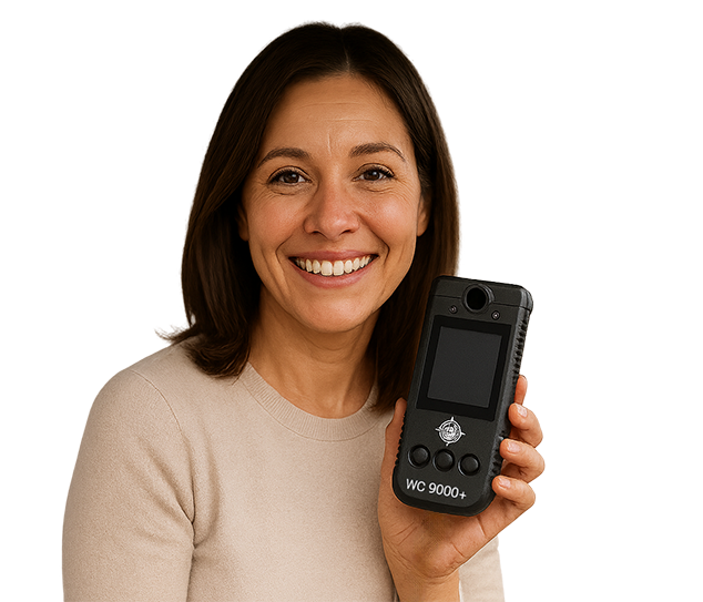 Smiling woman in beige sweater holding a WC9000+ ignition interlock device against a neutral background.