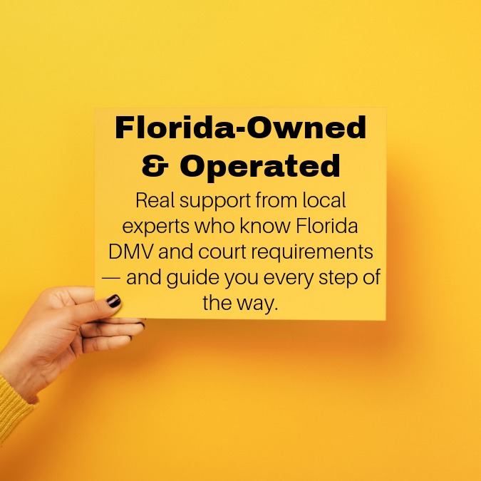 Hand holding a sign that reads Florida-Owned and Operated, highlighting local ignition interlock support on a bright yellow background.