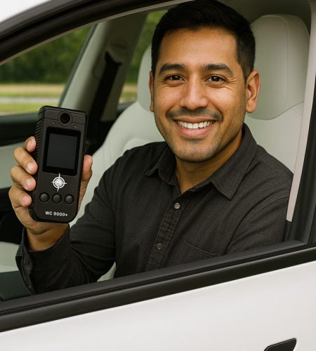Smiling man sitting in a white car holding a WC9000+ ignition interlock device in daylight.