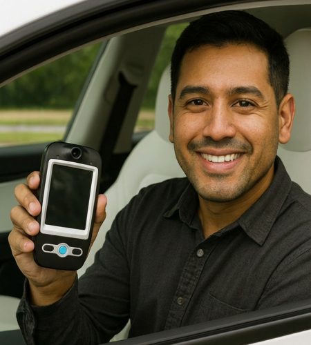 Smiling man sitting in a white car holding a BDI 747 ignition interlock device in daylight.