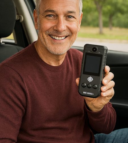 Smiling man in a car holding a WC9000+ ignition interlock device, showing its screen and buttons in clear daylight.