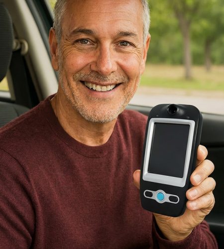Smiling man in a car holding a BDI 747 ignition interlock device, showing its screen and buttons in clear daylight.