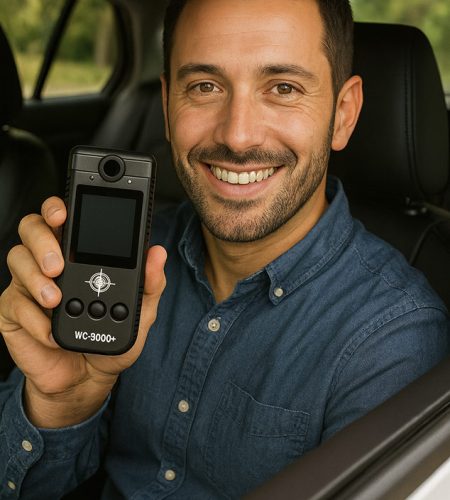 Man sitting in a car holding a WC9000+ ignition interlock device and smiling in daylight.