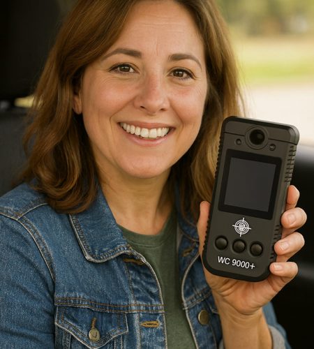 Smiling woman in a car holding a WC9000+ ignition interlock device in warm daylight.
