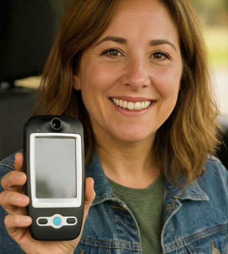Smiling woman in beige sweater holding a BDI 747 ignition interlock device against a transparent background.